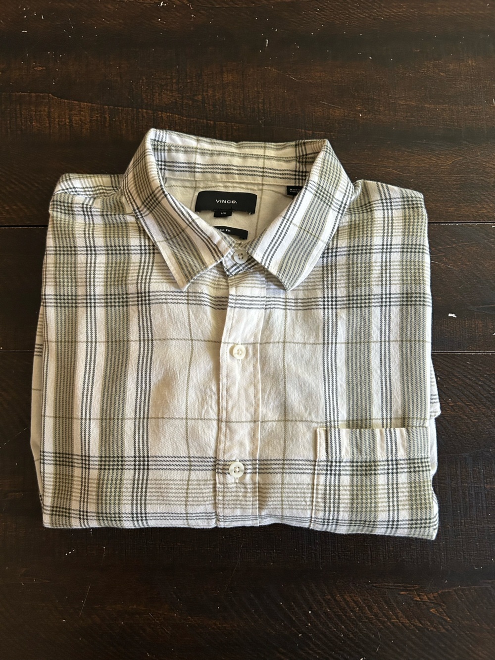 Vince Men's White Plaid Button-Down Shirt with Olive Stripes
